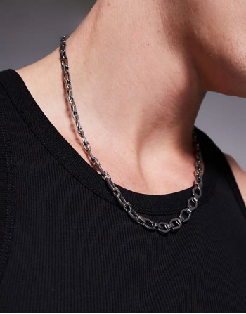 waterproof stainless steel link chain necklace with Greek wave emboss detail in silver tone