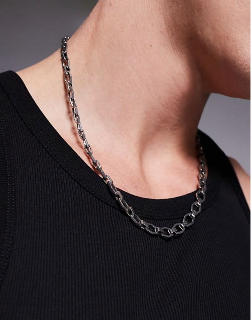 waterproof stainless steel link chain necklace with Greek wave emboss detail in silver tone