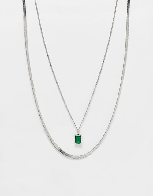 festival waterproof stainless steel 2 pack faux emerald pendant necklace in silver