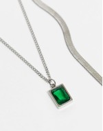 festival waterproof stainless steel 2 pack faux emerald pendant necklace in silver