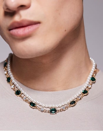 festival faux pearl and emerald crystals 5 pack necklace in gold
