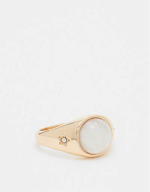 festival signet ring with semi-precious moon stone in gold tone