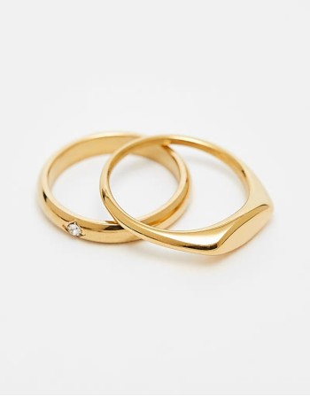waterproof stainless steel 2 pack slim crystal signet ring set in gold