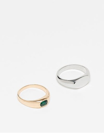 2 pack mixed metals signet ring with faux emerald stone in multi