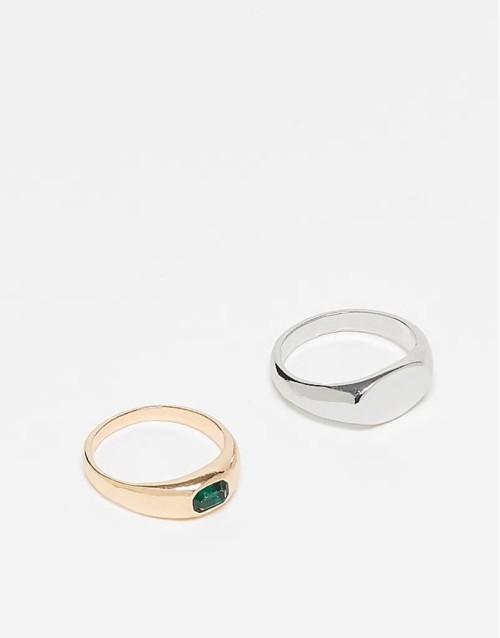 2 pack mixed metals signet ring with faux emerald stone in multi