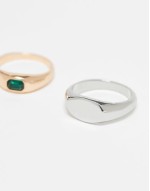2 pack mixed metals signet ring with faux emerald stone in multi