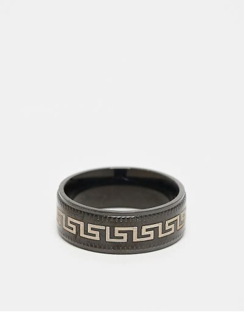 waterproof stainless steel band ring with Greek wave in black tone