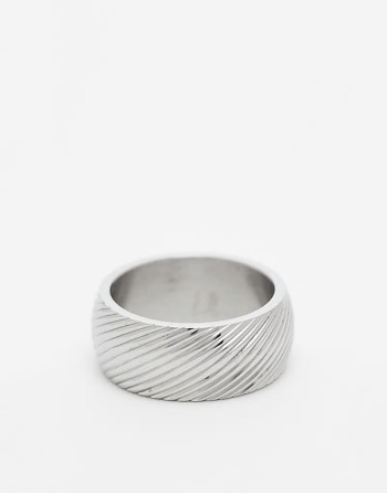 waterproof stainless steel diagonal texture band ring in silver