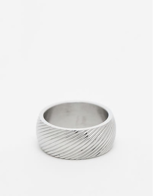 waterproof stainless steel diagonal texture band ring in silver