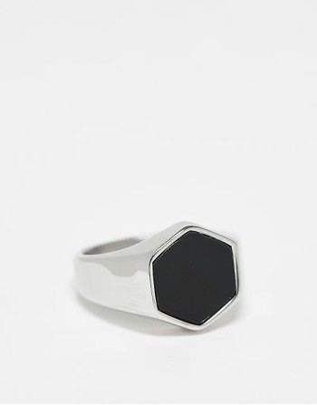 waterproof stainless steel hexagonal signet ring with black stone in silver tone