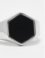waterproof stainless steel hexagonal signet ring with black stone in silver tone