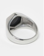 waterproof stainless steel hexagonal signet ring with black stone in silver tone