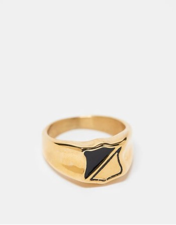 waterproof stainless steel black enamel signet ring in gold