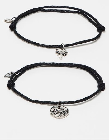 pack of two cord pendant bracelets in black and  silver