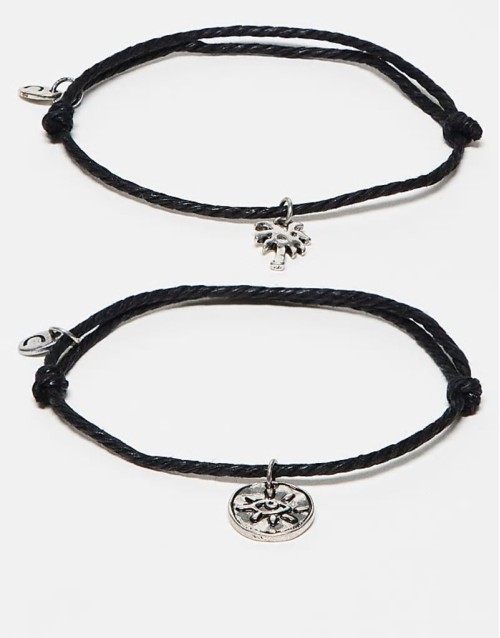 pack of two cord pendant bracelets in black and  silver